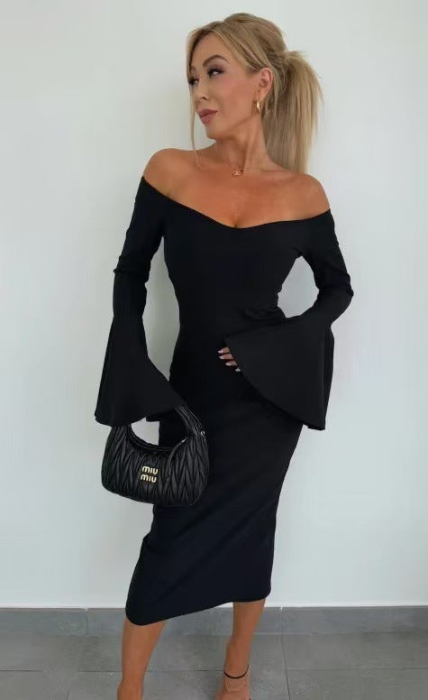 Dame Off-Shoulder Bodycon Midi Kjole med udvidede ærmer Stilla