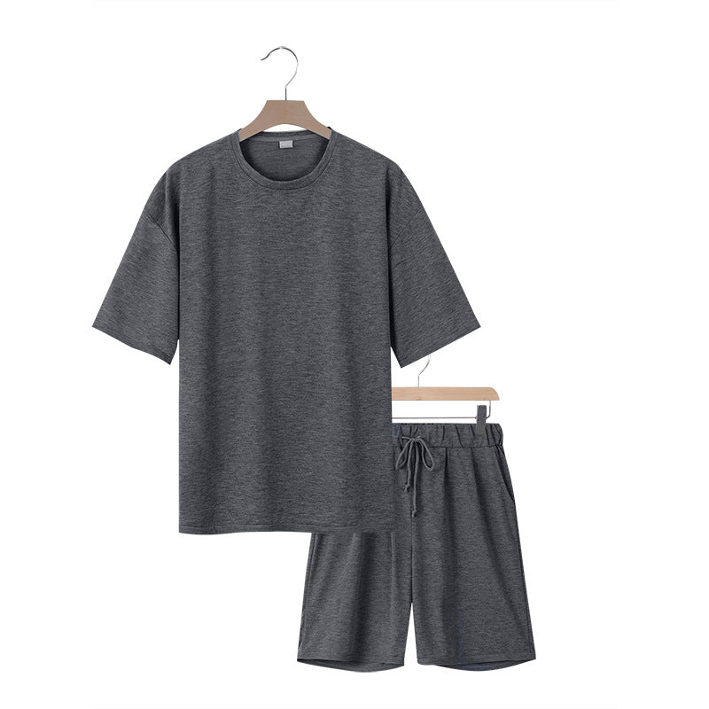 Herrer afslappet jersey-sæt med forlænget rundhalset T-shirt og elastiske snoretræk-shorts Skovae