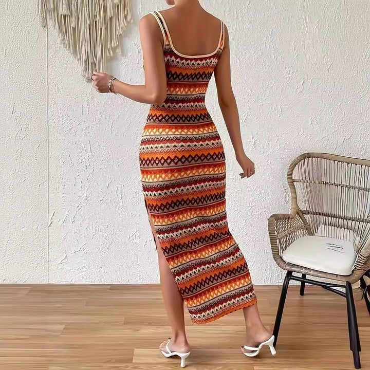 Dame maxikjole i tribal-inspireret design med sidelids Stilla
