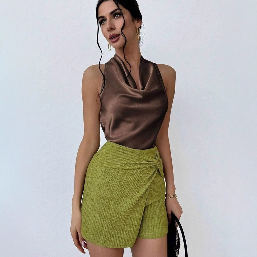 Dame Elegant satin top med smart vandfald udskæring Skovae