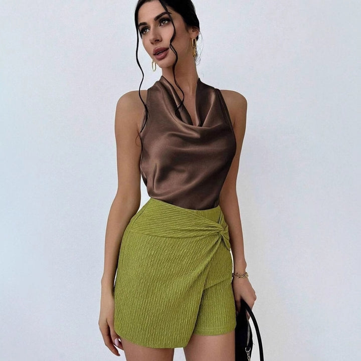 Dame Elegant satin top med smart vandfald udskæring Skovae