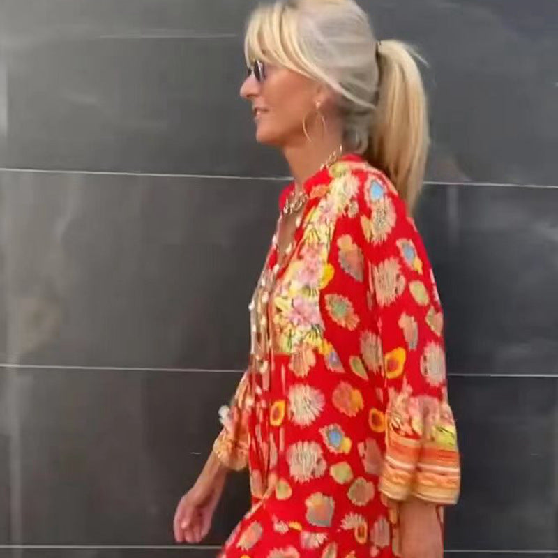 Dame nan luftig kaftan-midikjole med folkloreinspireret båndtryk, V-udskæring, kvastbånd og flæseklokkeærmer Skovae