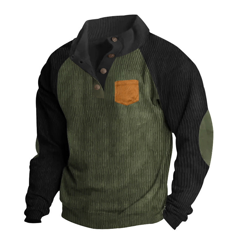 Herrer nan struktureret halvknap-strikpullover i cord-look med raglanærmer, påsyet brystlomme og albue-patches Skovae