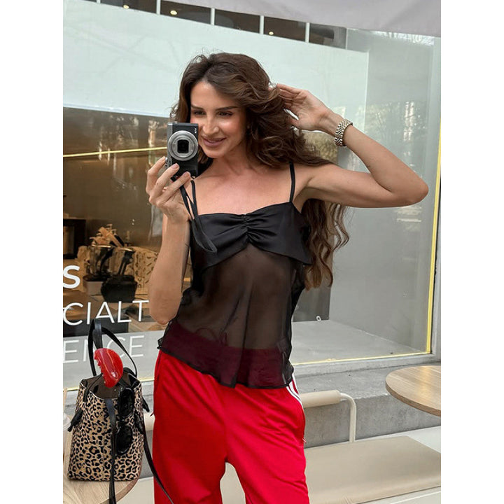 Damen Sexy Trägertop mit transparentem Stoff und raffiniertem Falten-Design Skovae