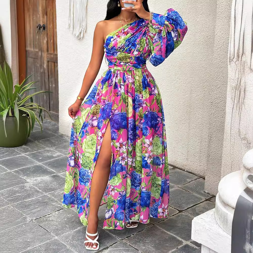 Dame Maxikjole med asymmetrisk snit og blomsterprint Stilla
