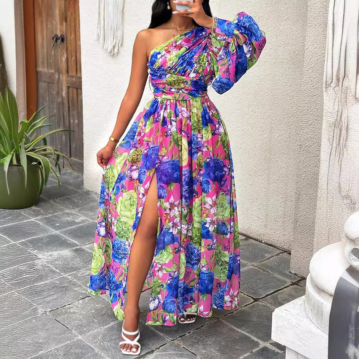 Dame Maxikjole med asymmetrisk snit og blomsterprint Stilla