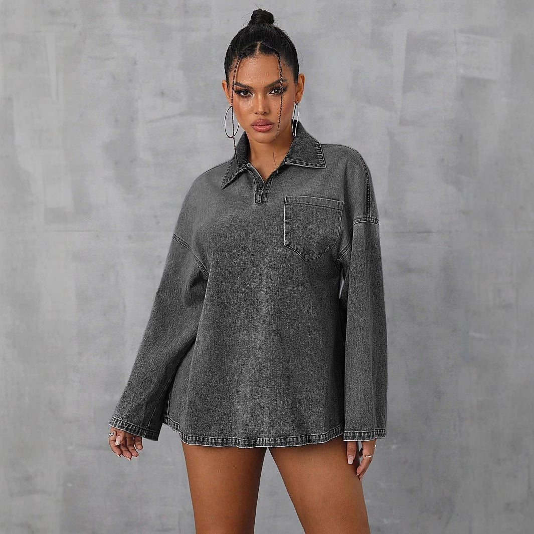 Kvinders oversized denim-bluse med praktisk lynlås og afslappet krave Stilla