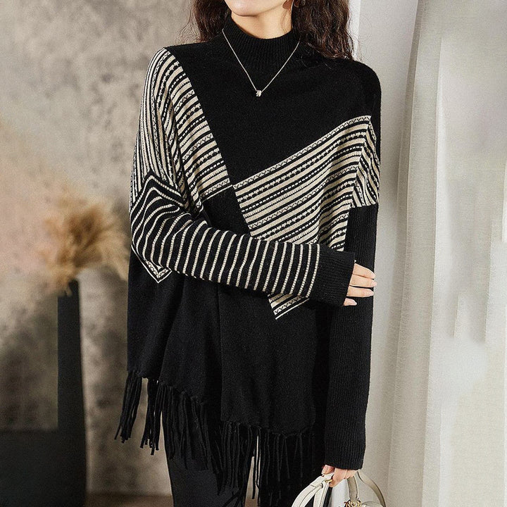 Kvinders oversized sweater med grafisk stribemønster og frynser Stilla