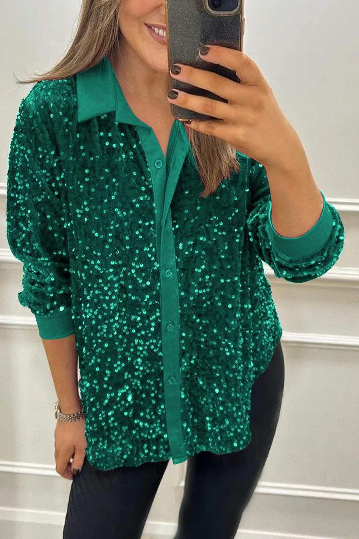 Kvindernes Funklende Paillet Bluse med Klassisk Krave Stilla