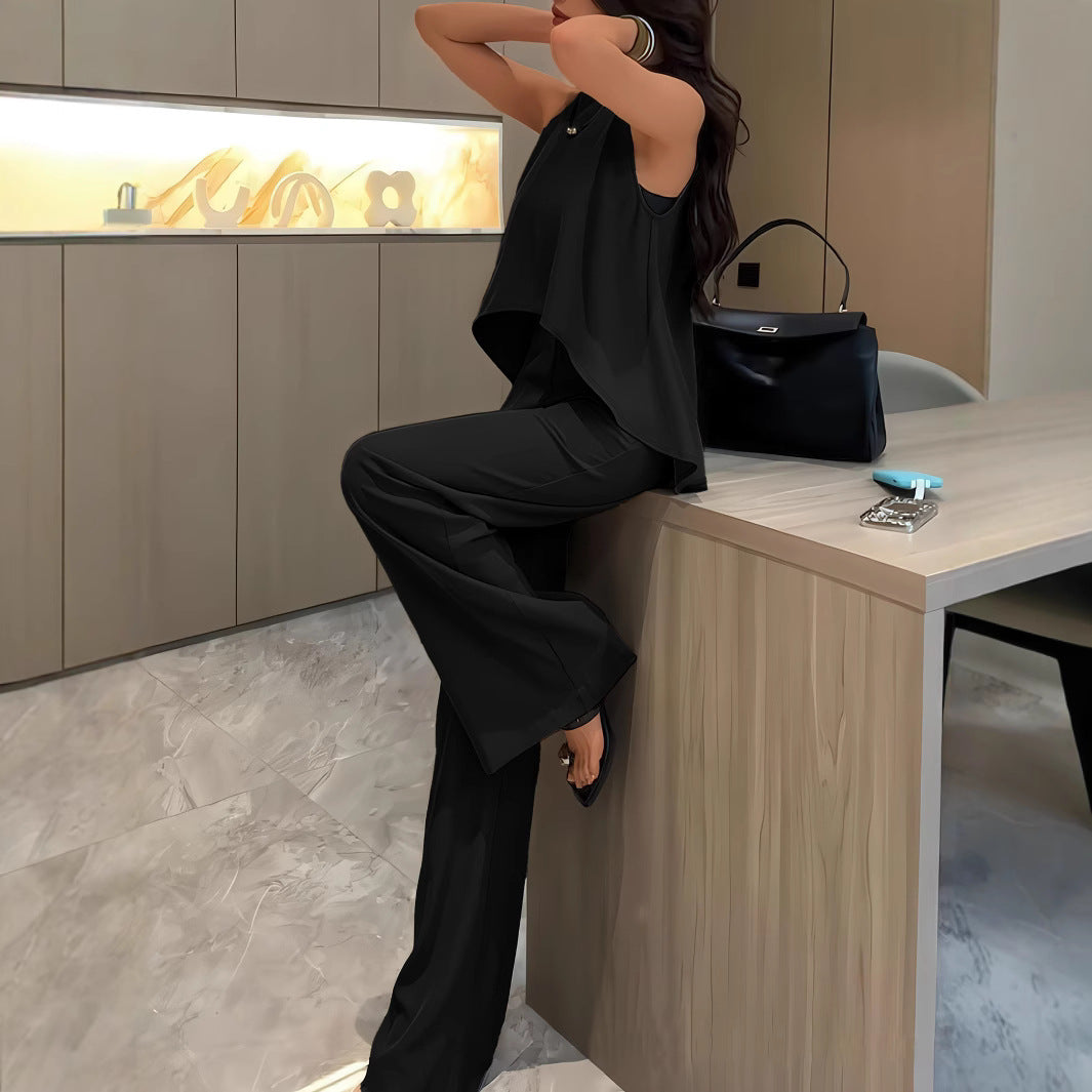 Dame stilfuld Two-Piece sæt med moderne asymmetrisk overdel og bred bukseåbning Stilla