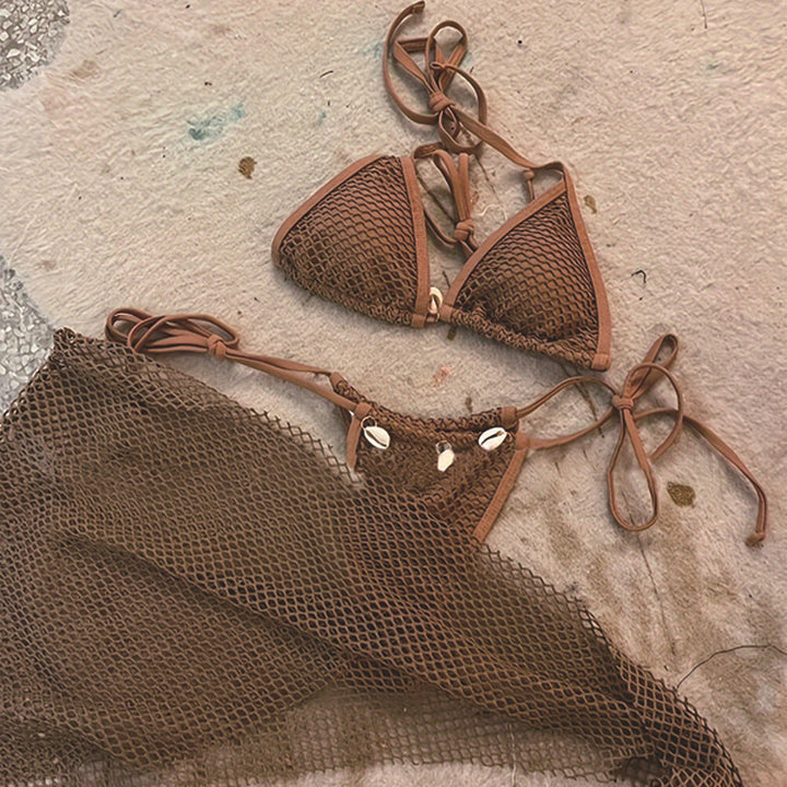 Dame net-bikini-sæt med dekorativ overdel og justerbare stropper Skovae