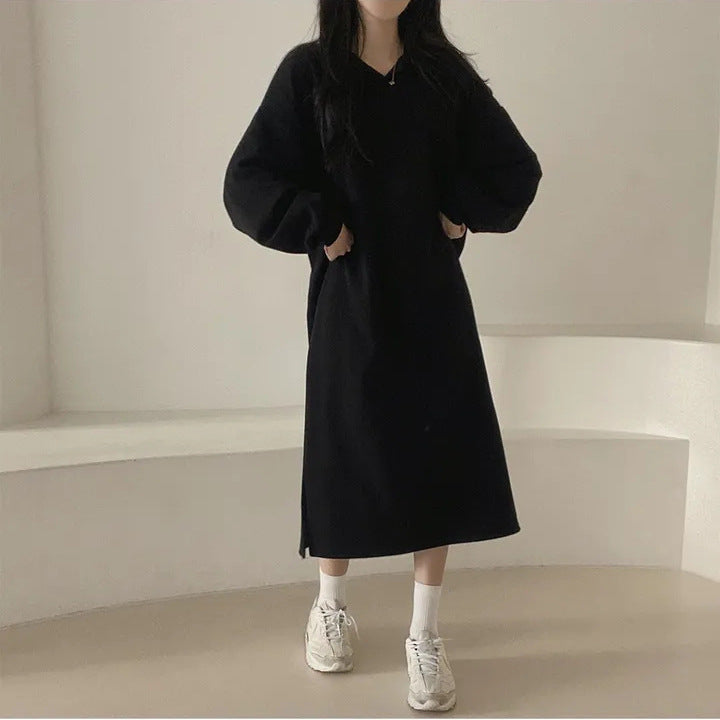 Kvinder elegant hoodie kjole med afslappede pufærmer og sideslids