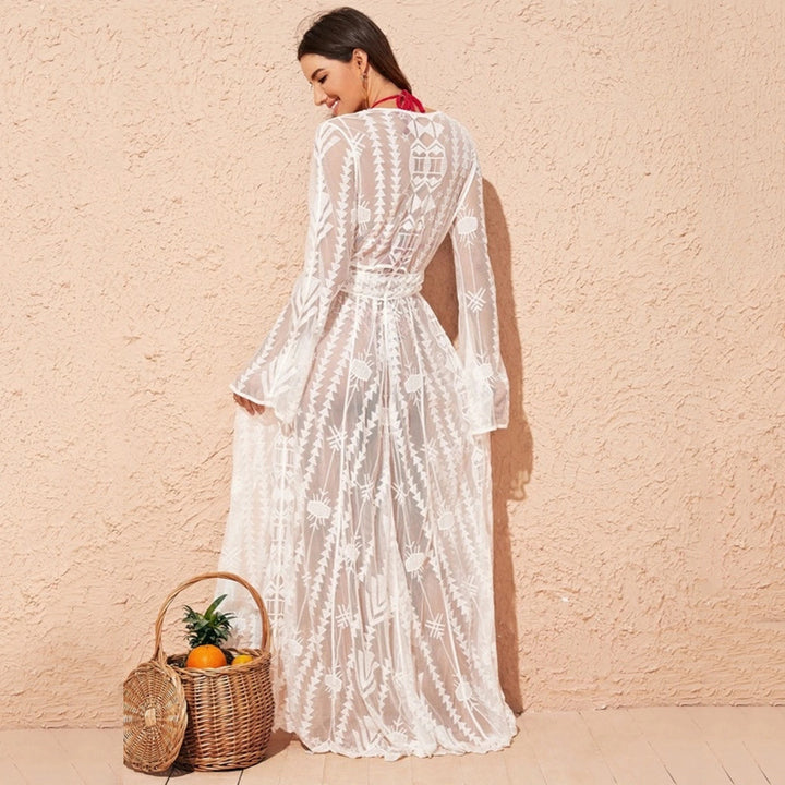 Dame Gennemsigtig Strandkimono med elegant Spids og brede Ærmer Stilla