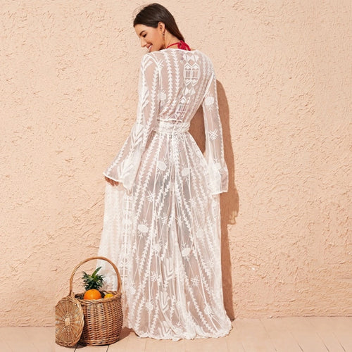 Dame Gennemsigtig Strandkimono med elegant Spids og brede Ærmer Stilla