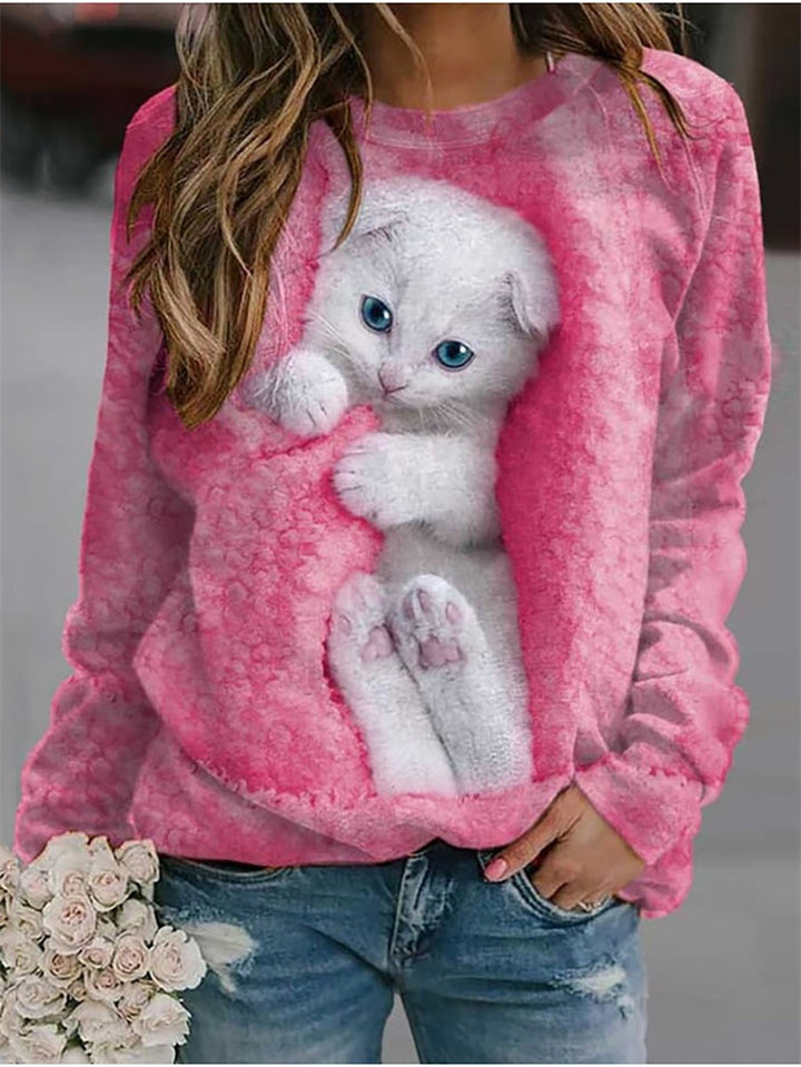 Femme Grafisk Katteprint Sweatshirt Stilla