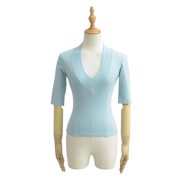 Dame elegant bluse med dyb V-hals og korte ærmer Stilla