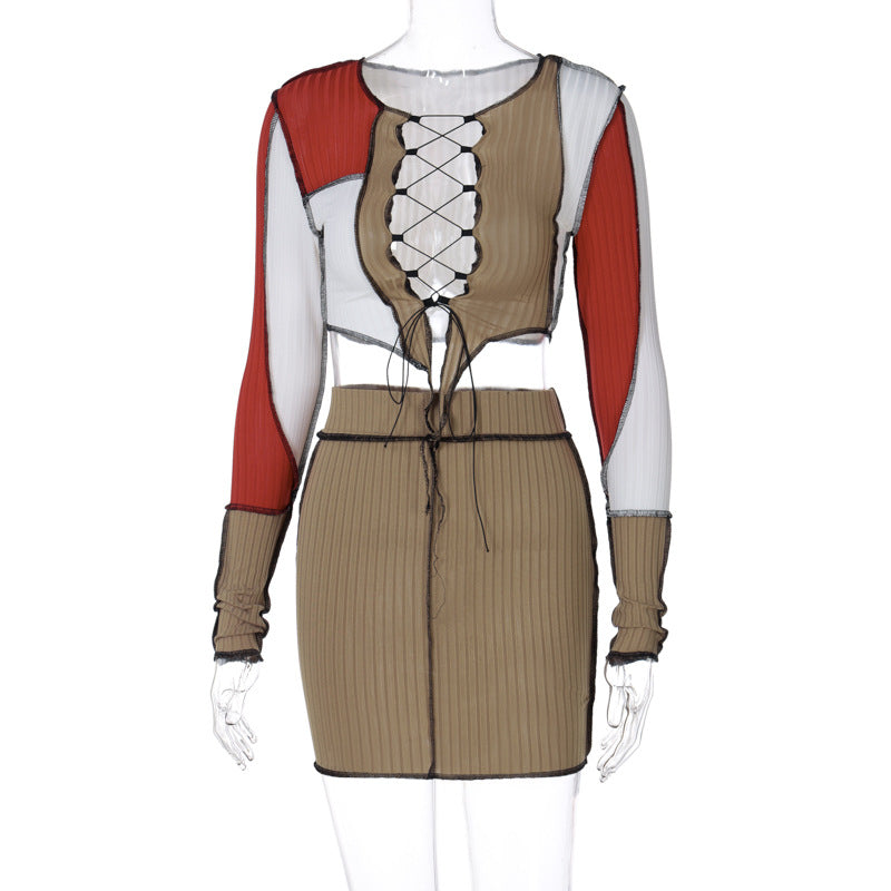Dame Crop Top og Nederdel Sæt med raffineret Snøredetalje Stilla