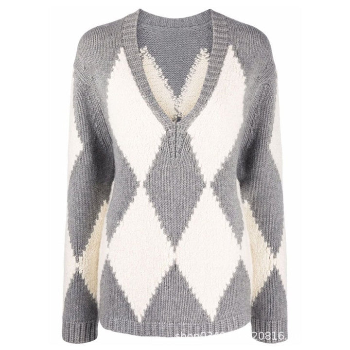 Dame Groft-strikket sweater med V-hals og moderne rombmønster Stilla