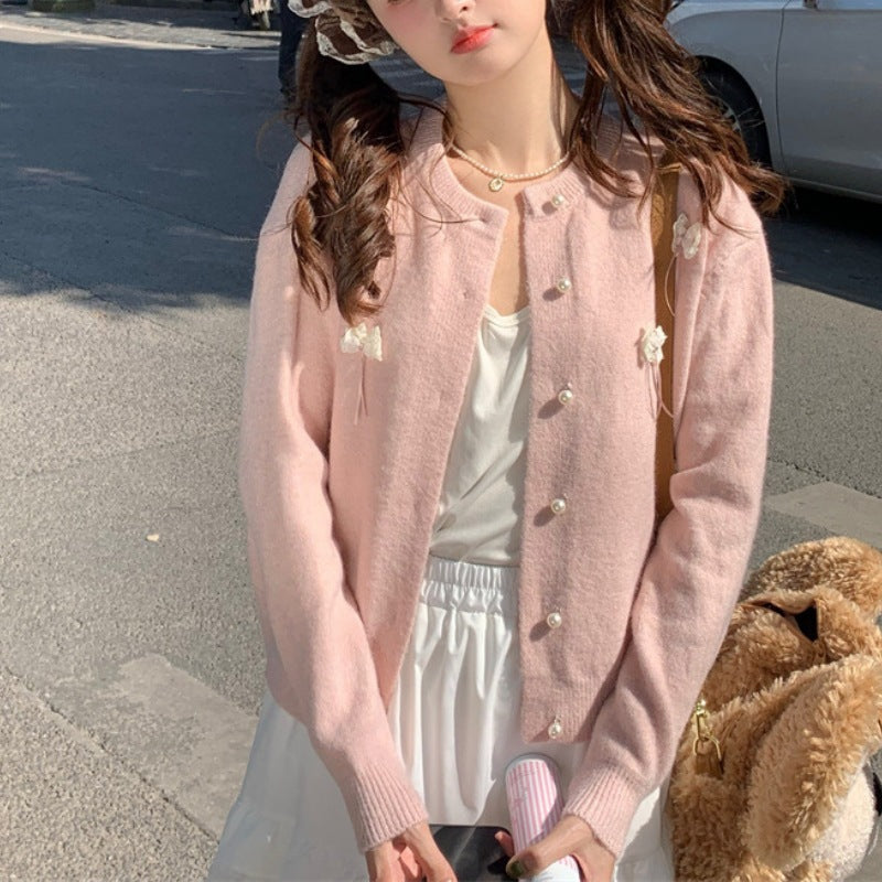 Kvinders Kawaii Cardigan med dekorative sløjfer og perler Stilla