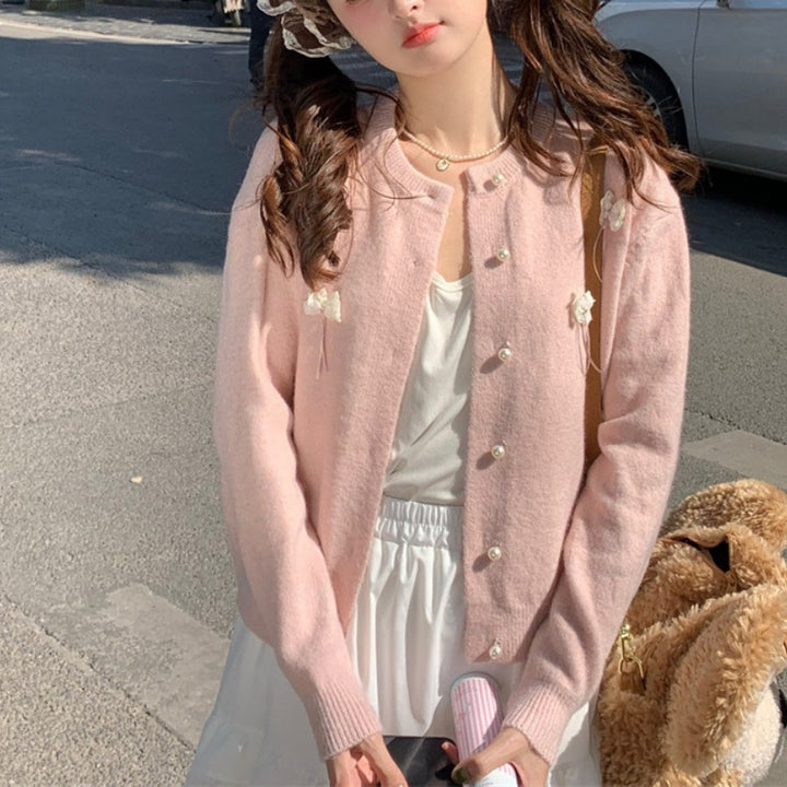 Kvinders Kawaii Cardigan med dekorative sløjfer og perler Stilla