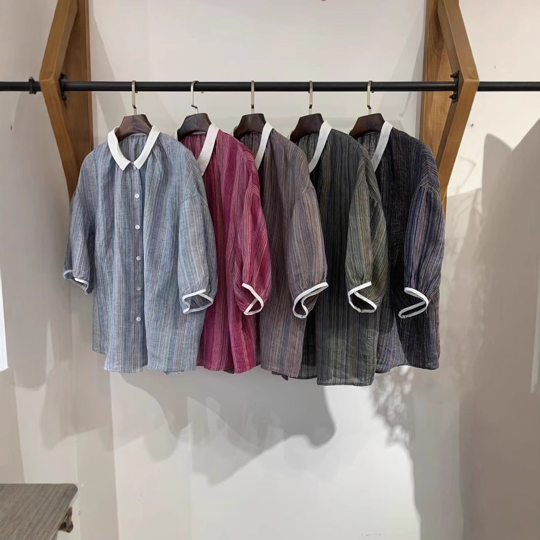 Dame Fritid Korte Ærmer Stribet Button-Up Skjorte Stilla