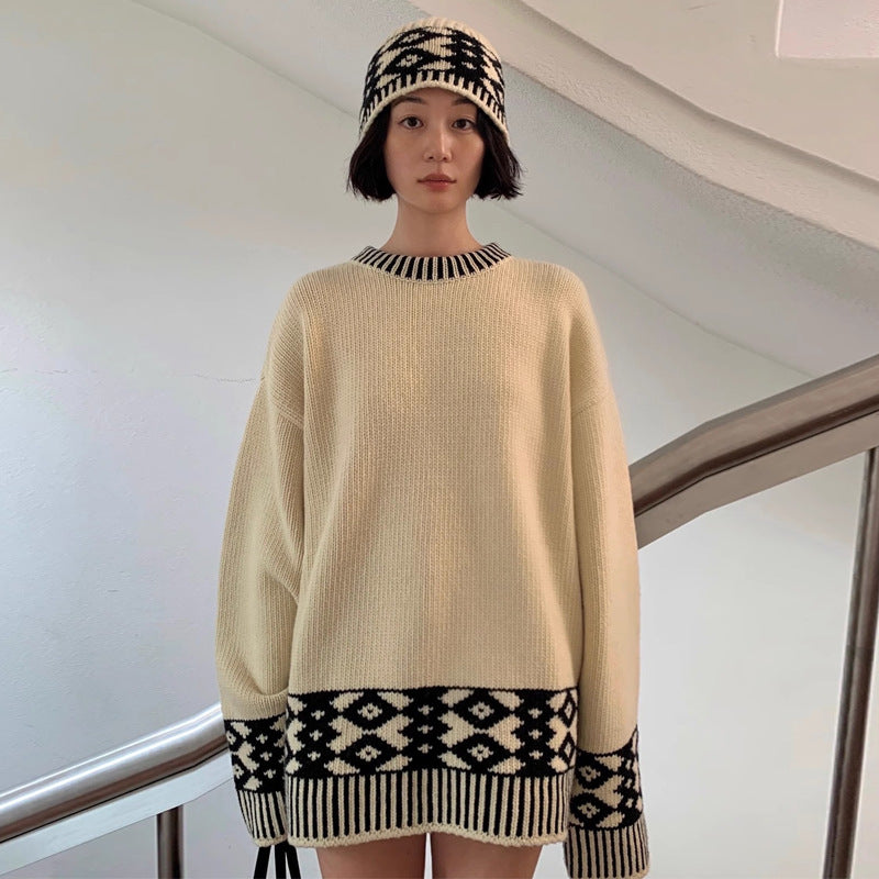 Dame Oversized Strikpullover med grafisk mønster og høje ribkanter Stilla