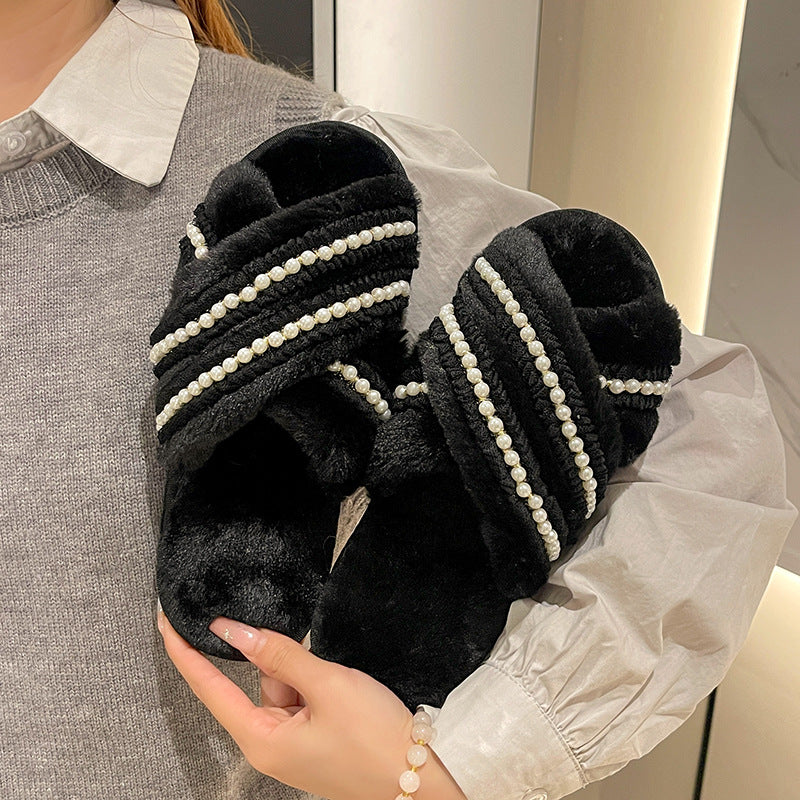 Dame Fluffy Pantoletter med glamourøs perledekoration Stilla