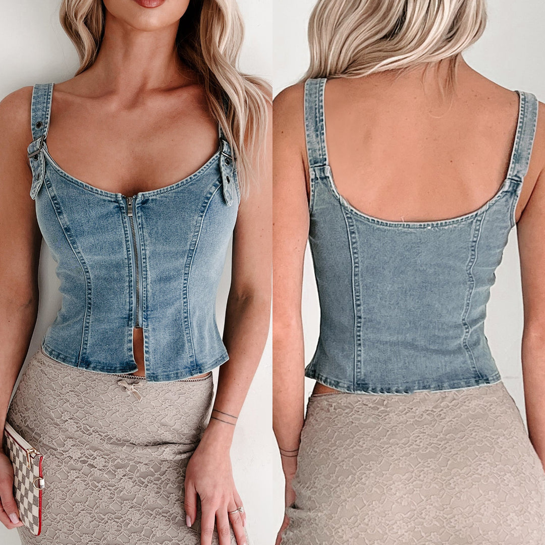 Dame Denim-Corsage med lynlås og justerbare stropper Stilla