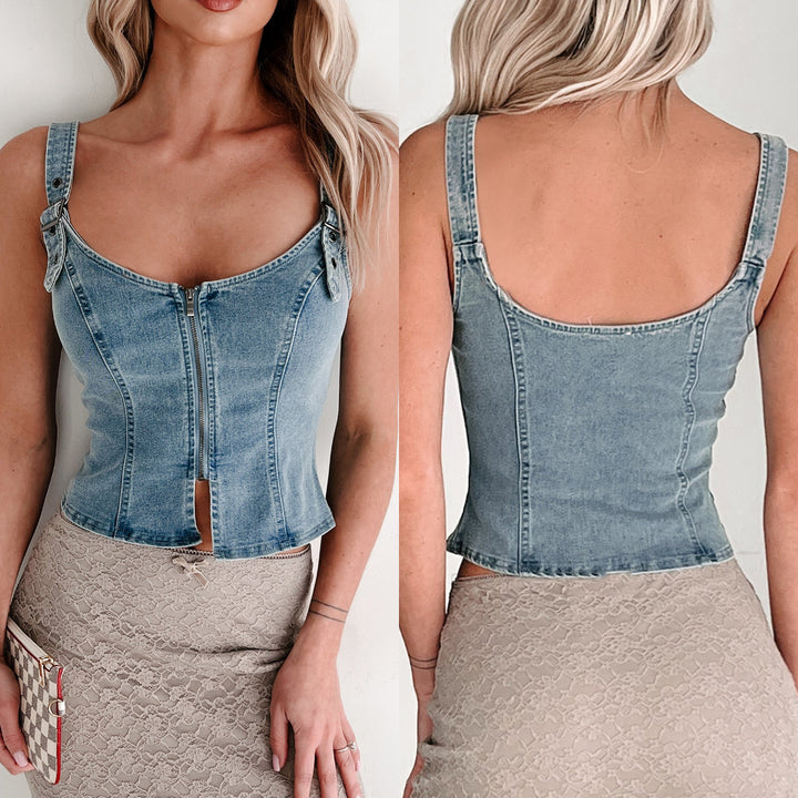 Dame Denim-Corsage med lynlås og justerbare stropper Stilla
