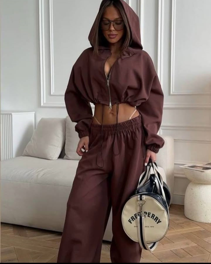 Kvindernes cropped hoodie og løse fritidsbukser sæt Skovae