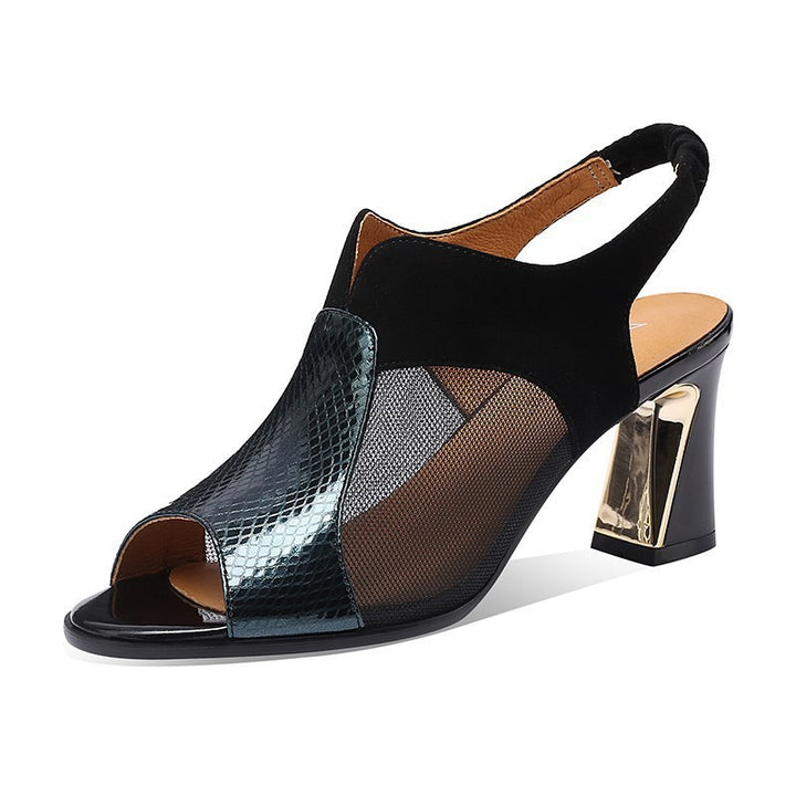 Dame nan elegant sandal med åben tælleområde mesh-indsatser og formet blokhæl Skovae