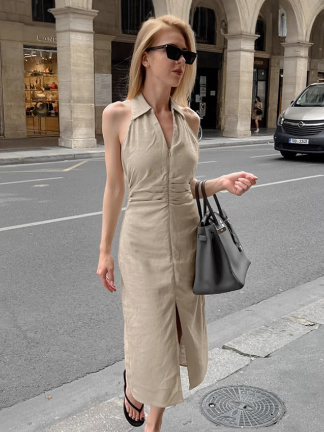 Dame Langærmet Kjole i moderne Minimalisme-stil med dyb slids og elegant krave Stilla