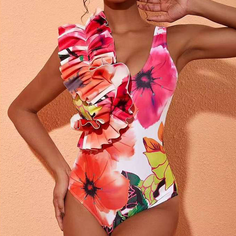 Dame En-sidet Badedragt med Ruffle-detalje og asymmetrisk Skørt Skovae