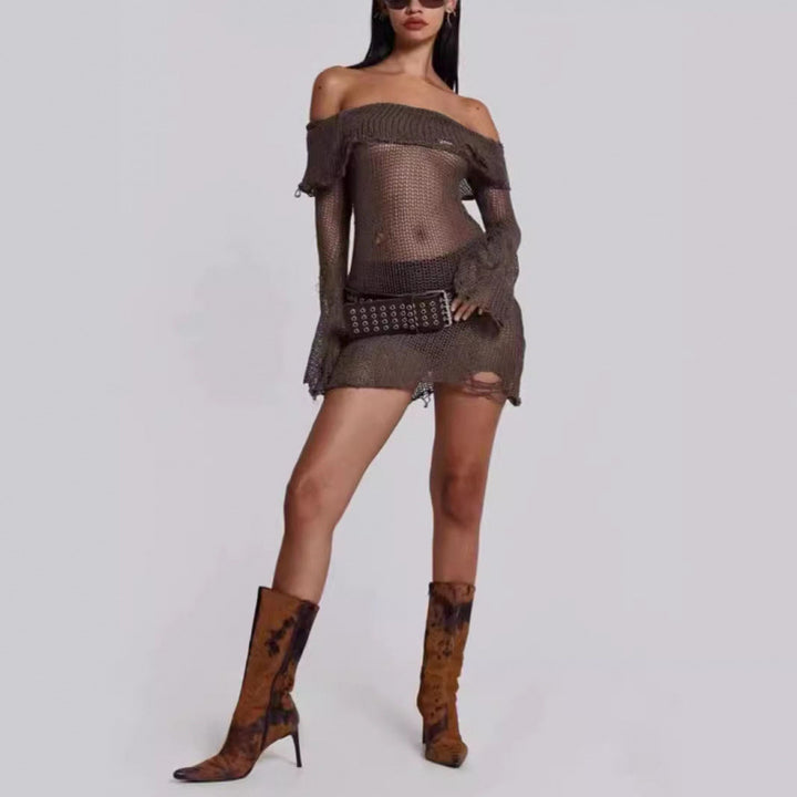 Dame Off-Shoulder Gennemsigtig Strik Mini Kjole Stilla