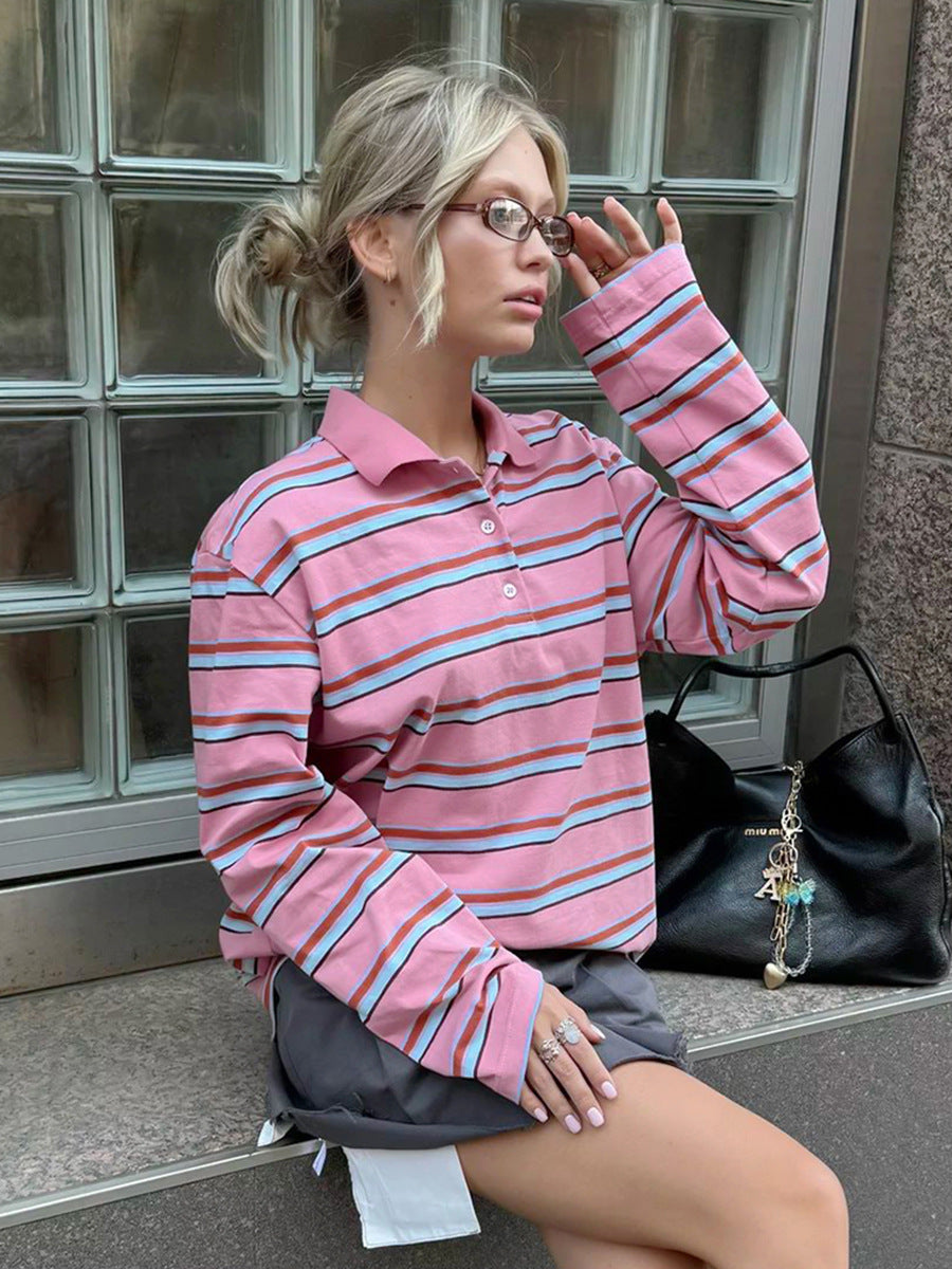 Dame Langærmet Poloshirt med stribet design og klassisk krave Stilla