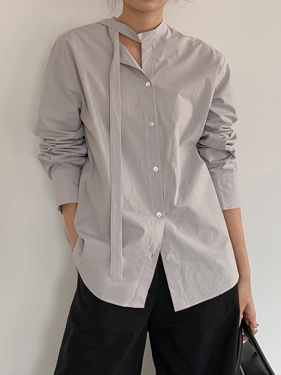 Dame longsleeve bluse med dekorativ sløjfe krave og moderne detaljer Stilla
