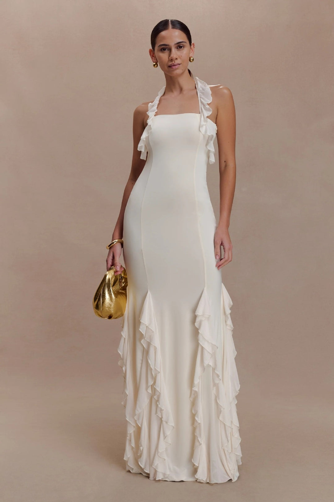 Dame Elegant Langærmet Maxikjole med Ruffles Detaljer Skovae