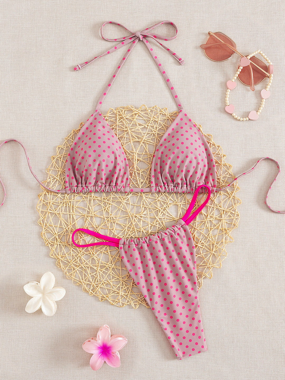 Dame triangel-bikini med legende prikket design og justerbare stropper Skovae