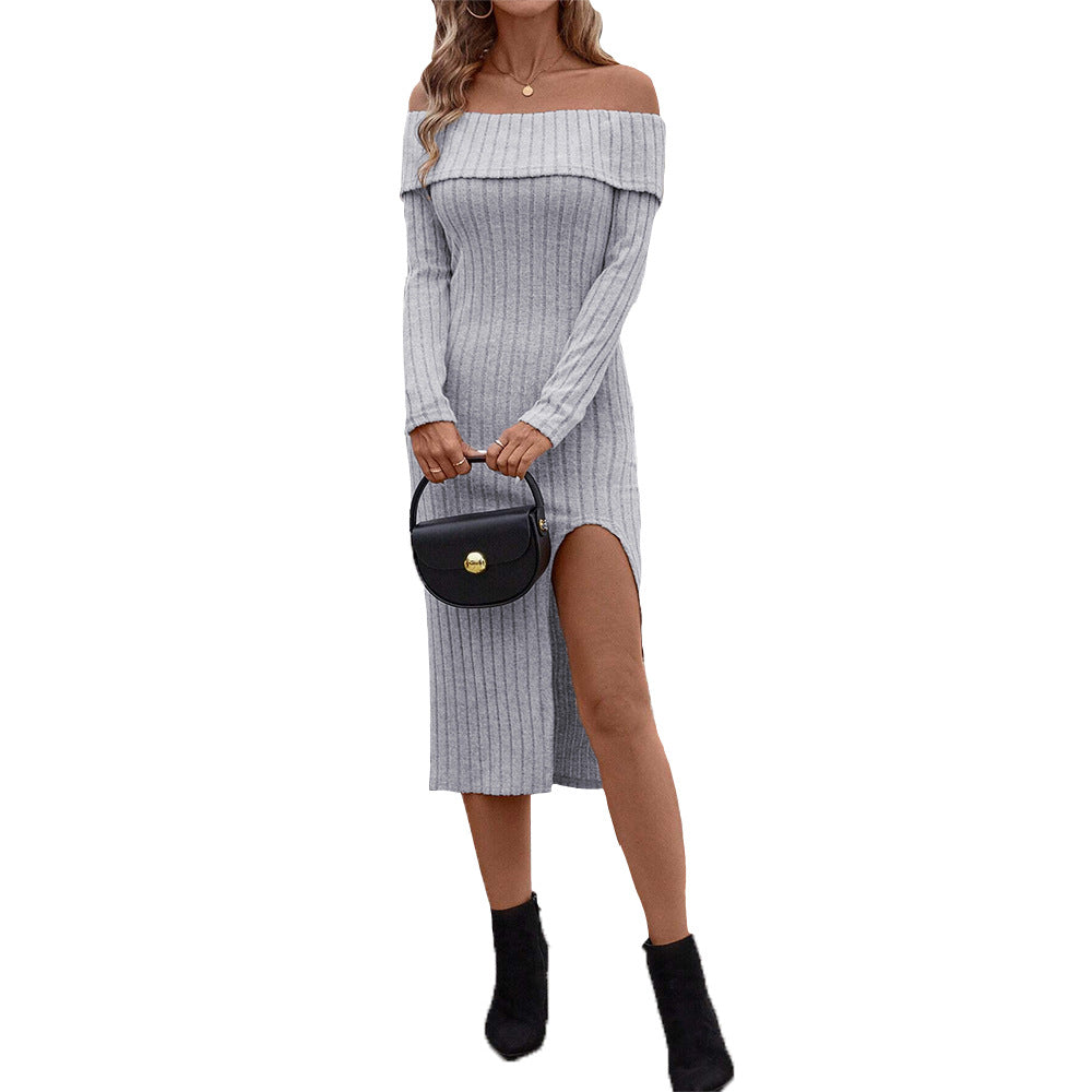 Kvinders langærmet maxikjole med off-shoulder design og sideslids Stilla