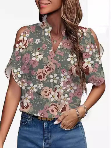 Damebluse med skulderfri detaljer og blomstret mønster Stilla