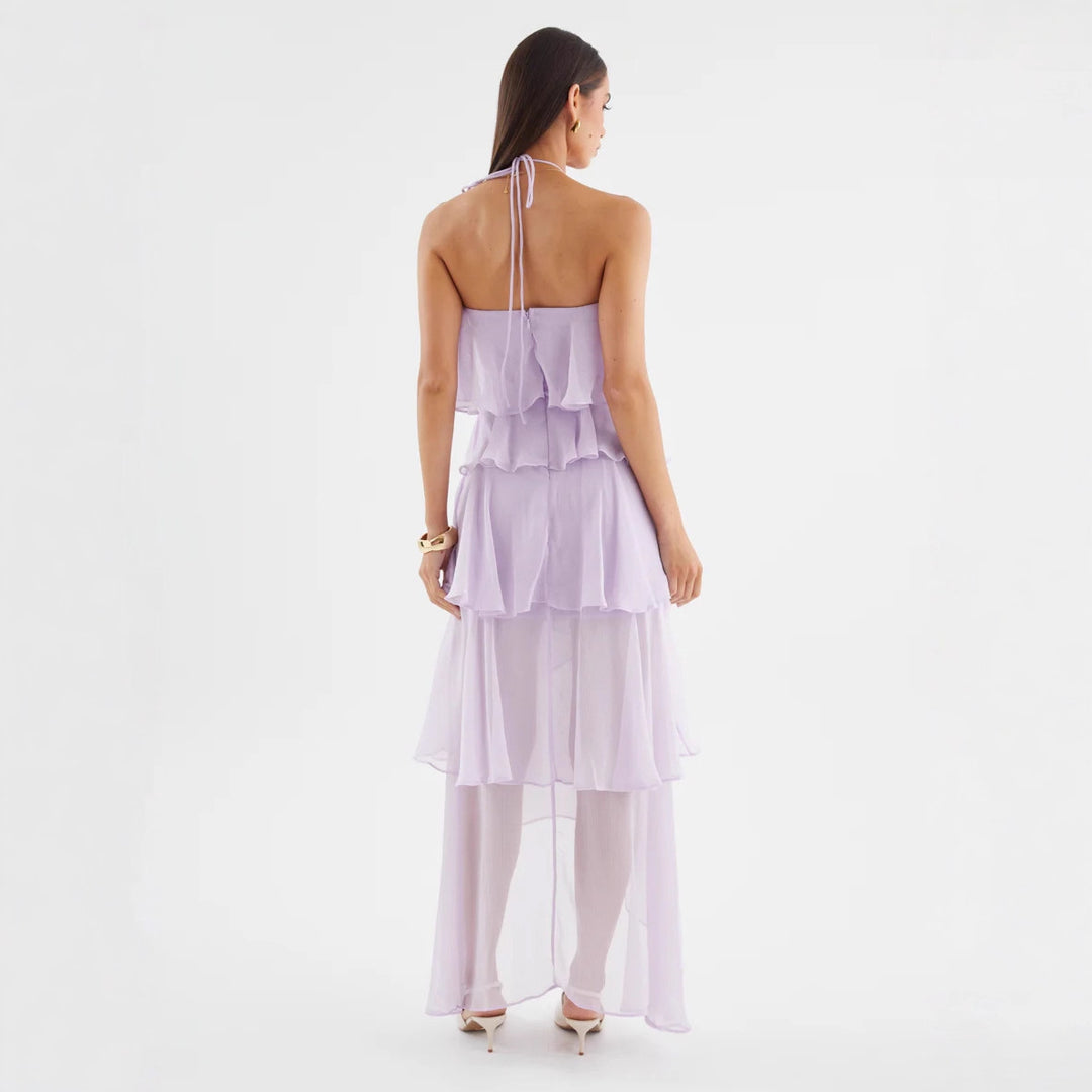 Kvindelige chiffon maxi kjoler med flerlags flæser Skovae