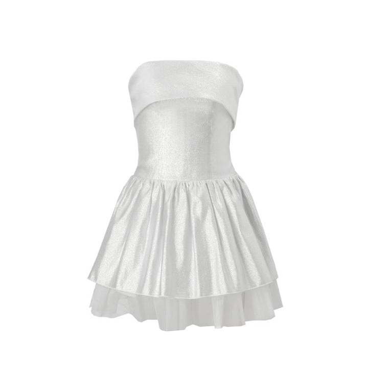 Dame Stropeløs Mini Kjole med glitrende overmateriale og elegant volang Stilla
