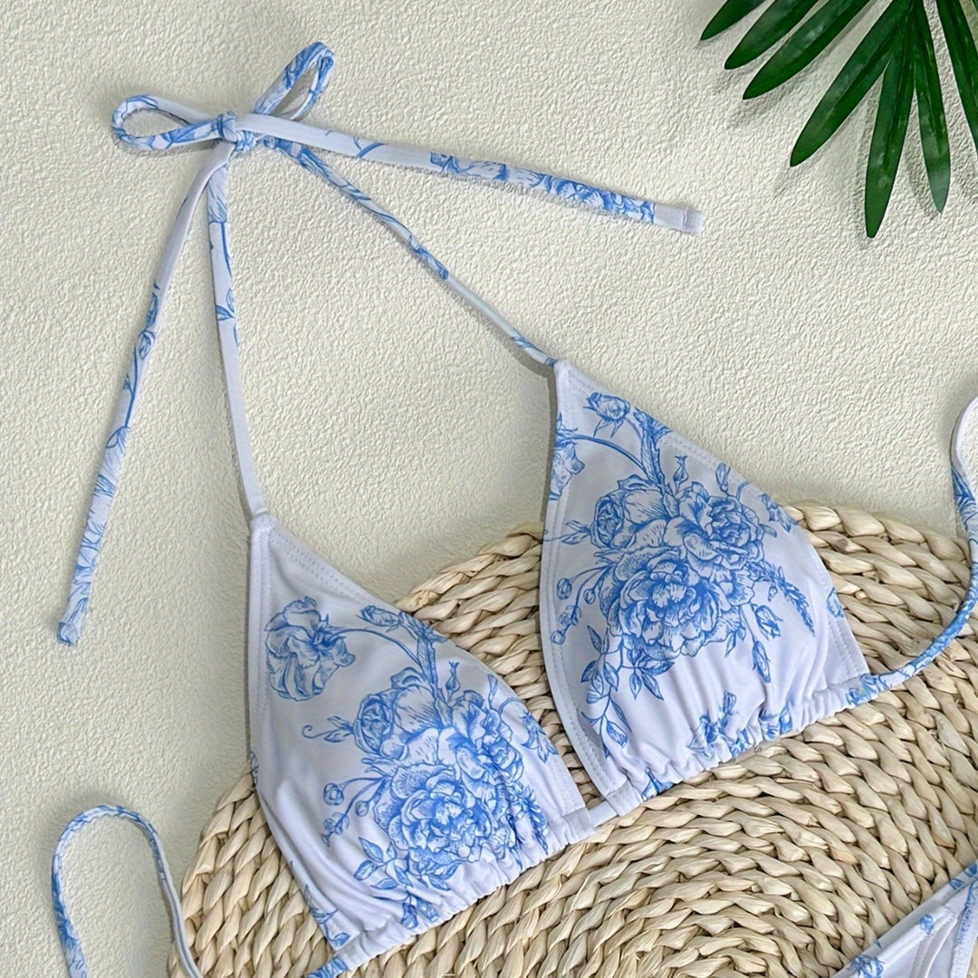 Dame Triangel-Bikini-Sæt med blomsterprint og justerbare stropper Stilla