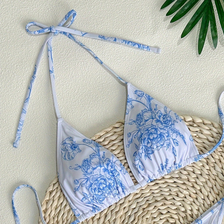 Dame Triangel-Bikini-Sæt med blomsterprint og justerbare stropper Stilla