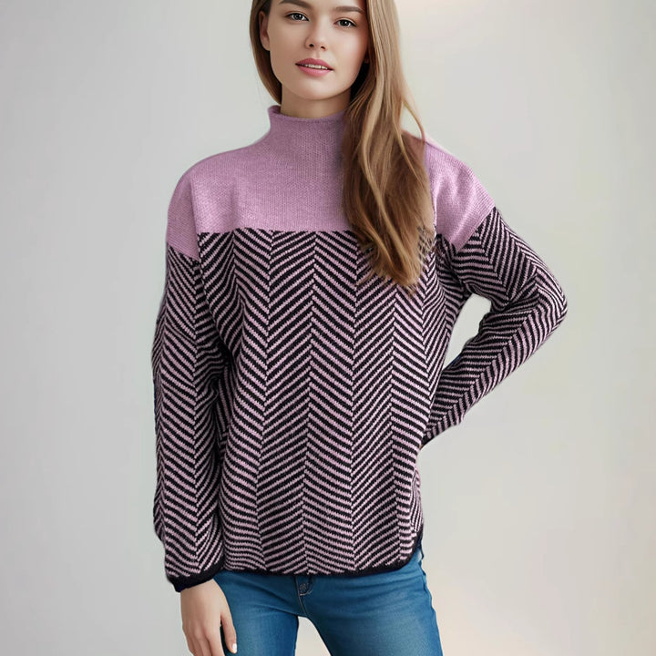 Kvinders hyggelige rullekrave sweater med moderne herringbone mønster og elastiske manchetter Stilla