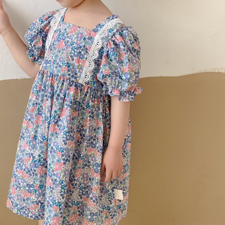 Pige Floral Rynket Puffærme Kjole Stilla