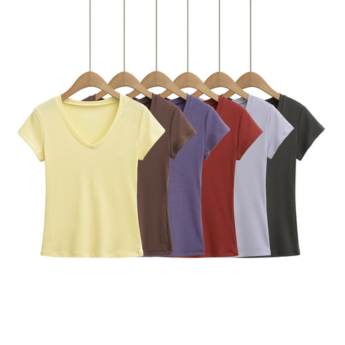 Dame V-hals T-shirt lavet af åndbart strækstof Stilla