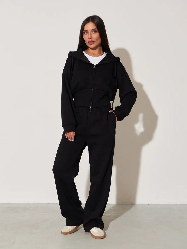 Kvinders afslappede hoodie top og brede sweatpants sæt med høj talje og lynlås Skovae