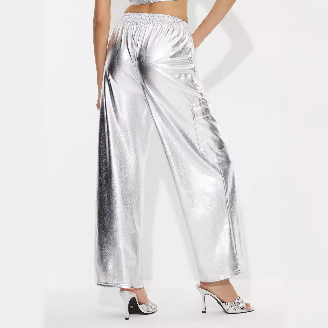 Kvinders cargo bukser i skinnende metallic look med elastisk talje Stilla