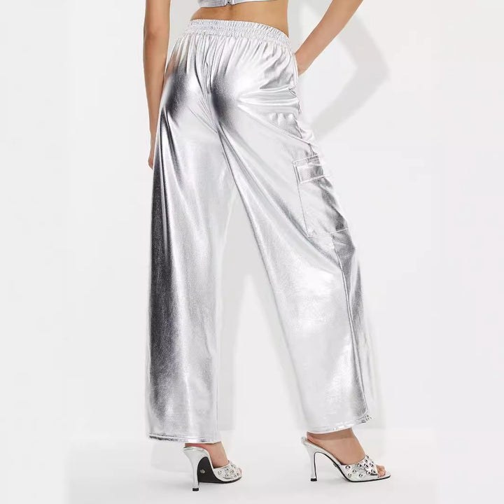 Kvinders cargo bukser i skinnende metallic look med elastisk talje Stilla
